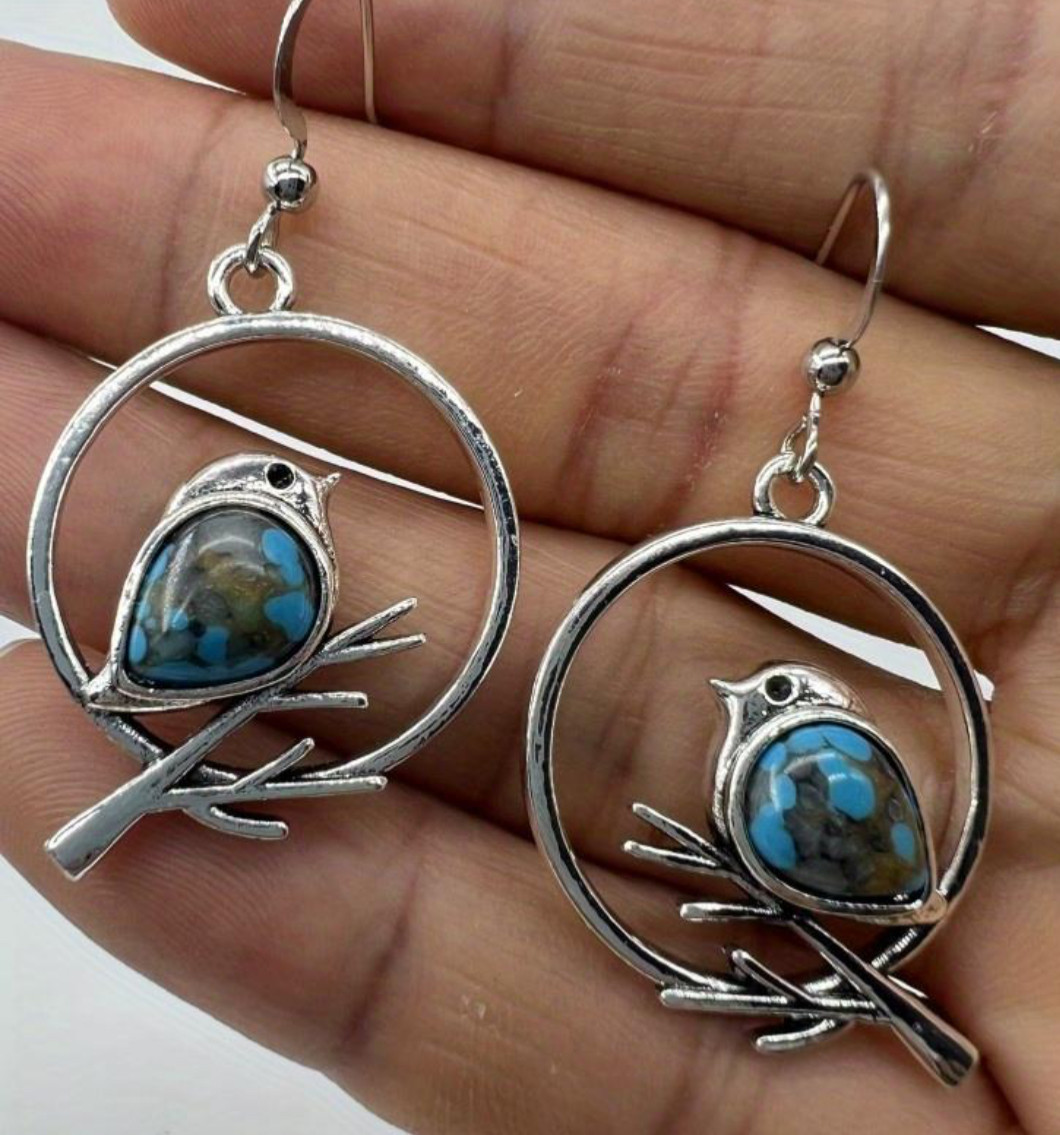 Beautiful Unique Bird Branch Earrings, Turquoise Sand Inlaid