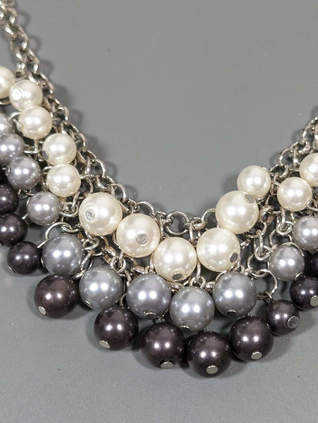 Silver Tone White Gray Faux Pearl Charm Bib Statement Necklace 19 inch Ombre