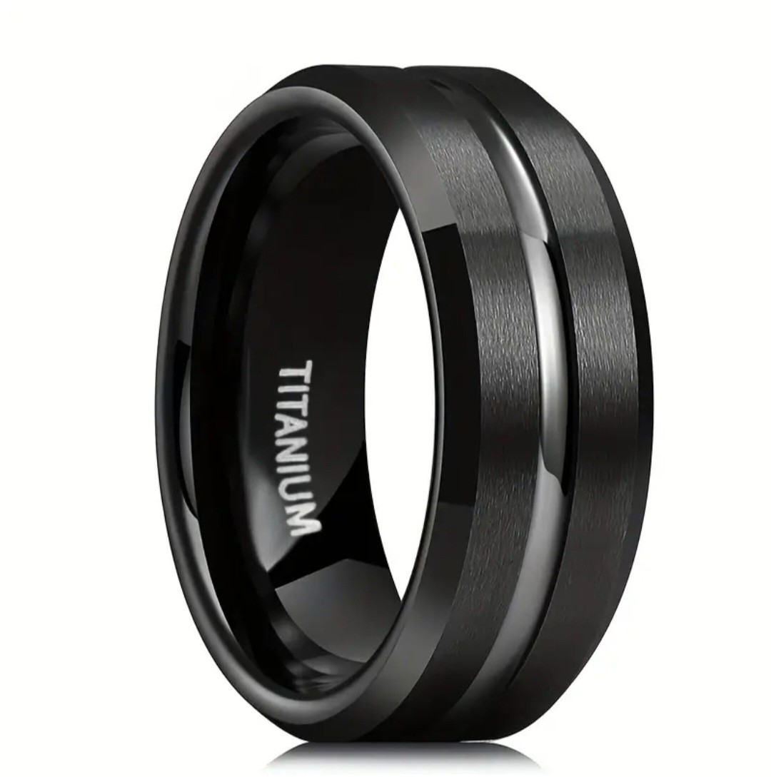 Mens Black Titanium Ring 8mm Groove Wedding Band Comfort Fit Durable