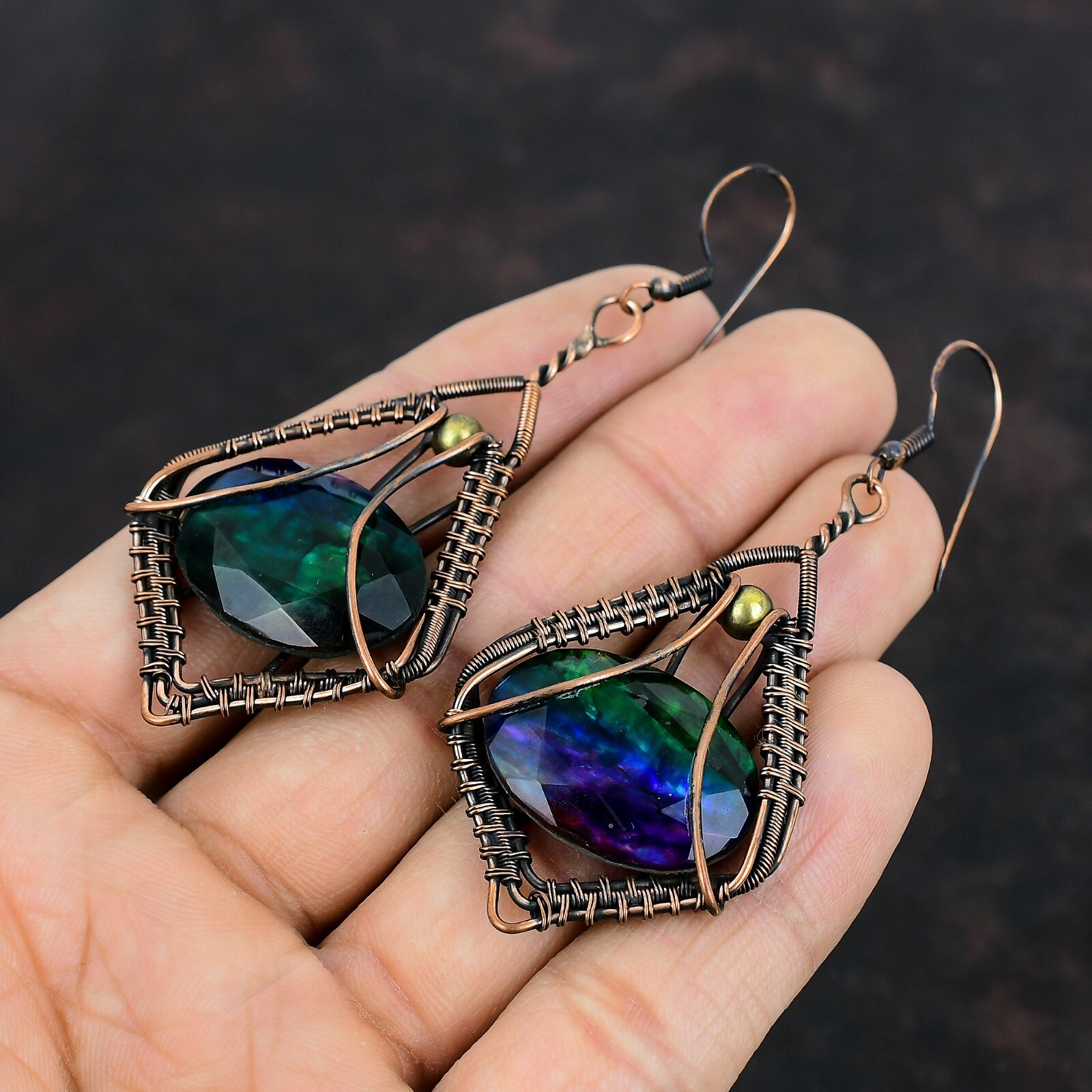 Ammolite Jewelry Copper Mother Gift Wire Wrapped Drop/Dangle Earrings 3.23″