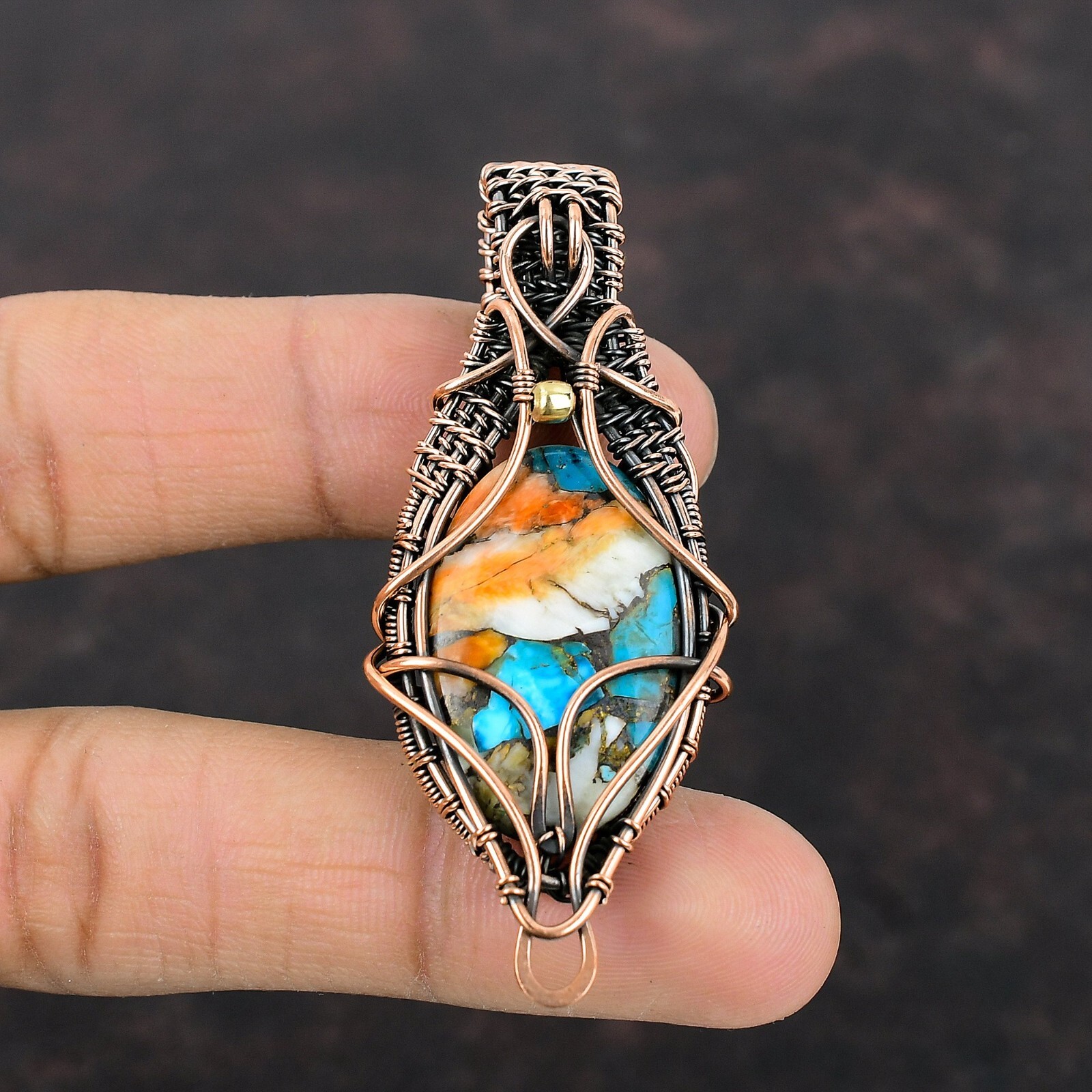 Gift For Her Spiny Oyster Turquoise Wire Wrapped Pendant Copper Jewelry 2.64″