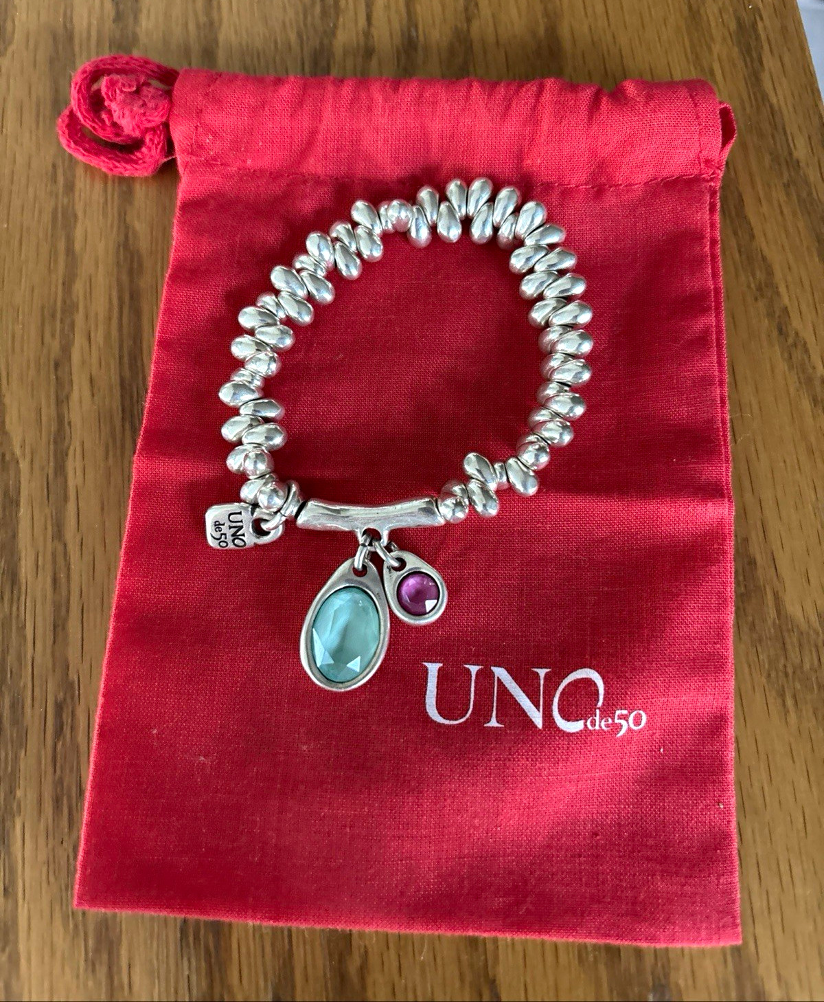 UNOde50 Signed Silver Tone Beaded Charm Bracelet Aqua Oval Stone Pink Stone