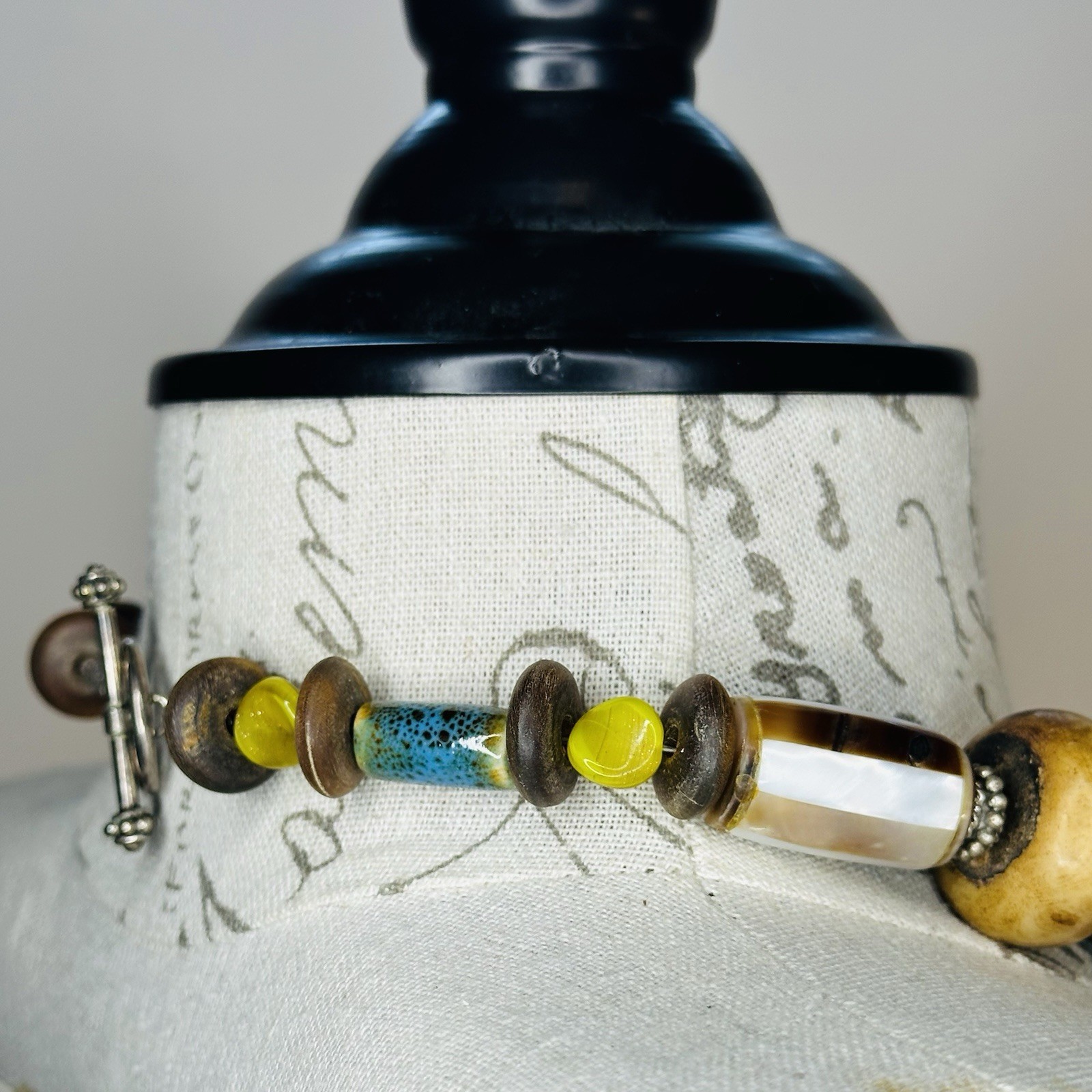 Handmade Artisan Wood Ceramic Shell Inlay Beaded Pendant Necklace Toggle Clasp