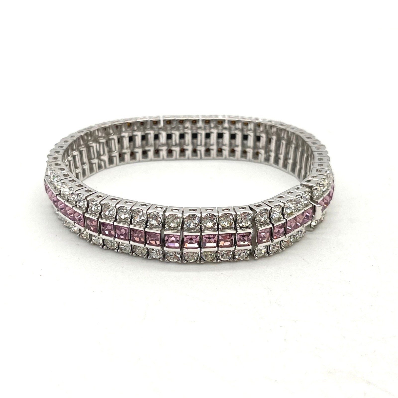 Silver Tone Triple Row Pink and Clear Crystal Tennis Bracelet 7.25in Glam
