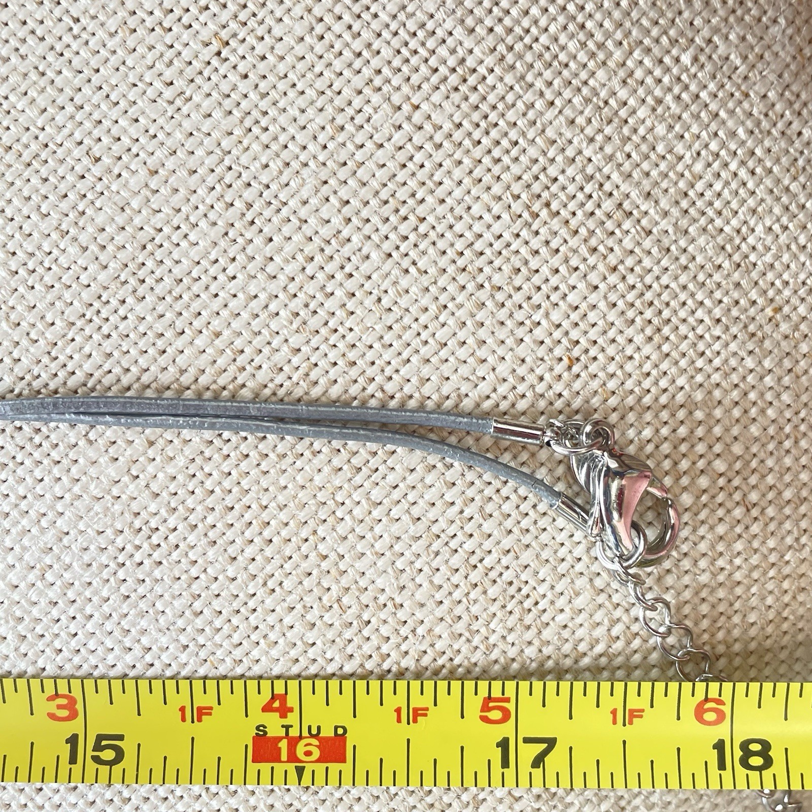 Chico’s Silver Tone Textured Chain Gray Cord Blue Jewel Charm Necklace Chic 34”
