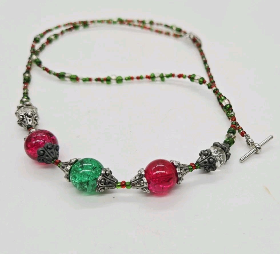 Christmas Necklace Glass Beaded Red Green Silver tone Handmade Artisan 27 in