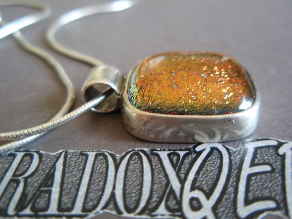 Sterling Silver 925 Brown Gold Dichroic Glass Pendant Snake Chain Necklace FAS