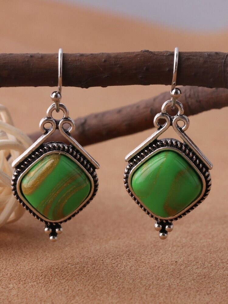 Pretty New Silver Plated Green Copper Turquoise CZ Hook Dangle Drop Earrings