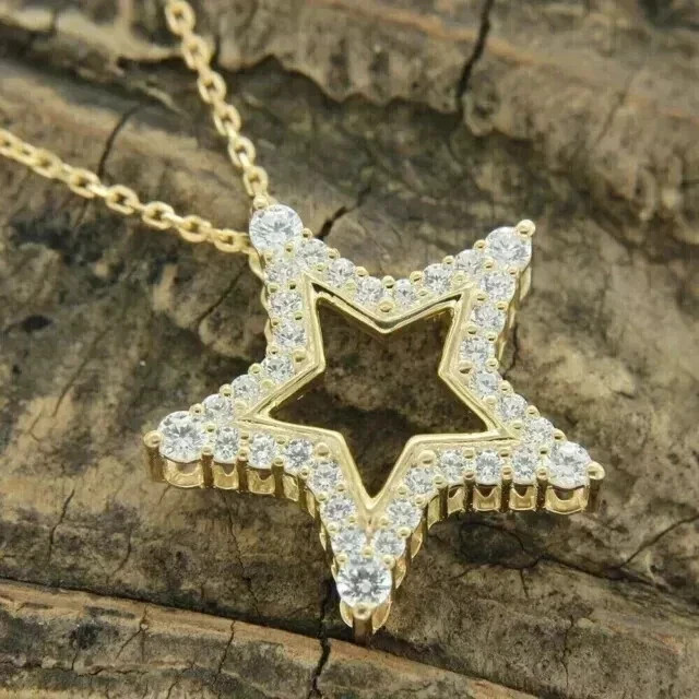 14k Yellow Gold Plated 1.50Ct Round Simulated Diamond Star Pendant Free 18″Chain