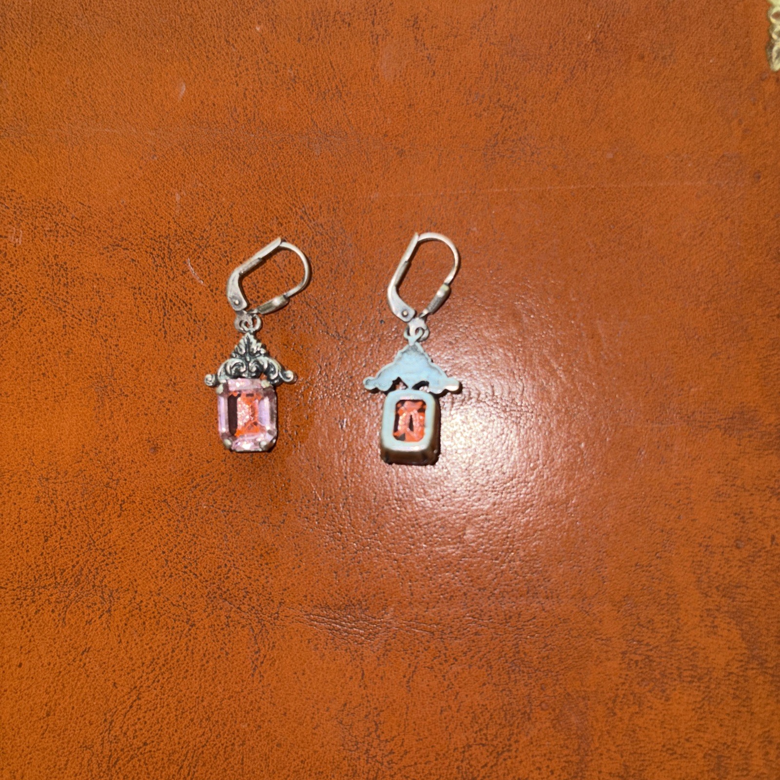 Beautiful Pink Translucent Square Stone Earrings Excellent Custom Gray Metal!