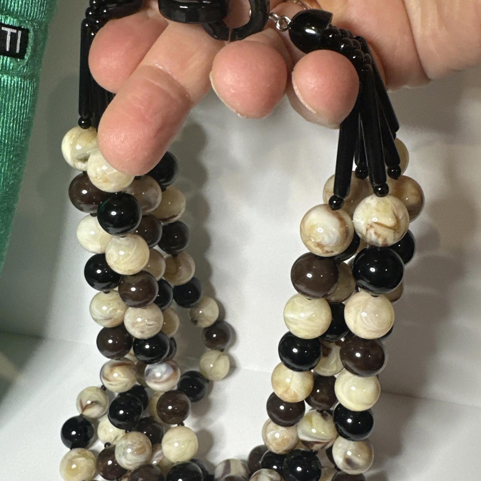 Angela Caputi Huge Multi Strand Black Brown Beige Beads Resin Necklace 18”
