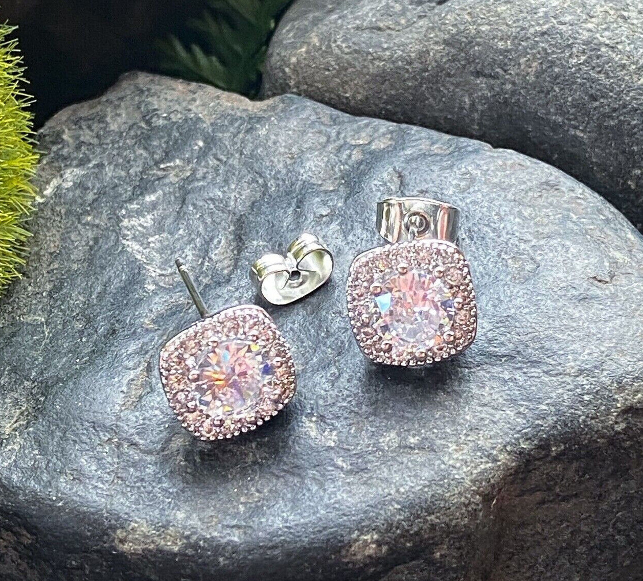 PAIR of Large Round CZ Centered Square 316L Surgical Steel 20g Earrings