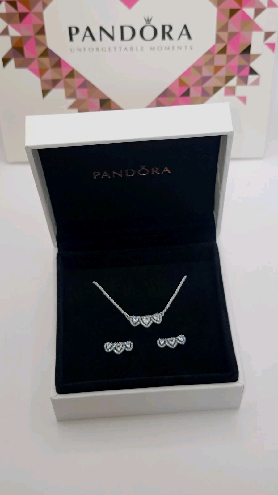 Authentic PANDORA 925 Halo Heart Trilogy Collier Necklace & Earrings Gift Set Z4