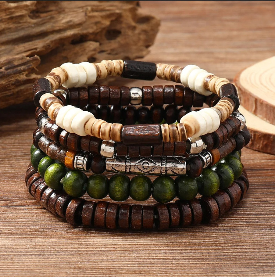 1Set Men’s Retro Multi-Layer Wooden Bead Bracelet Set with Coconut Shell – NEW