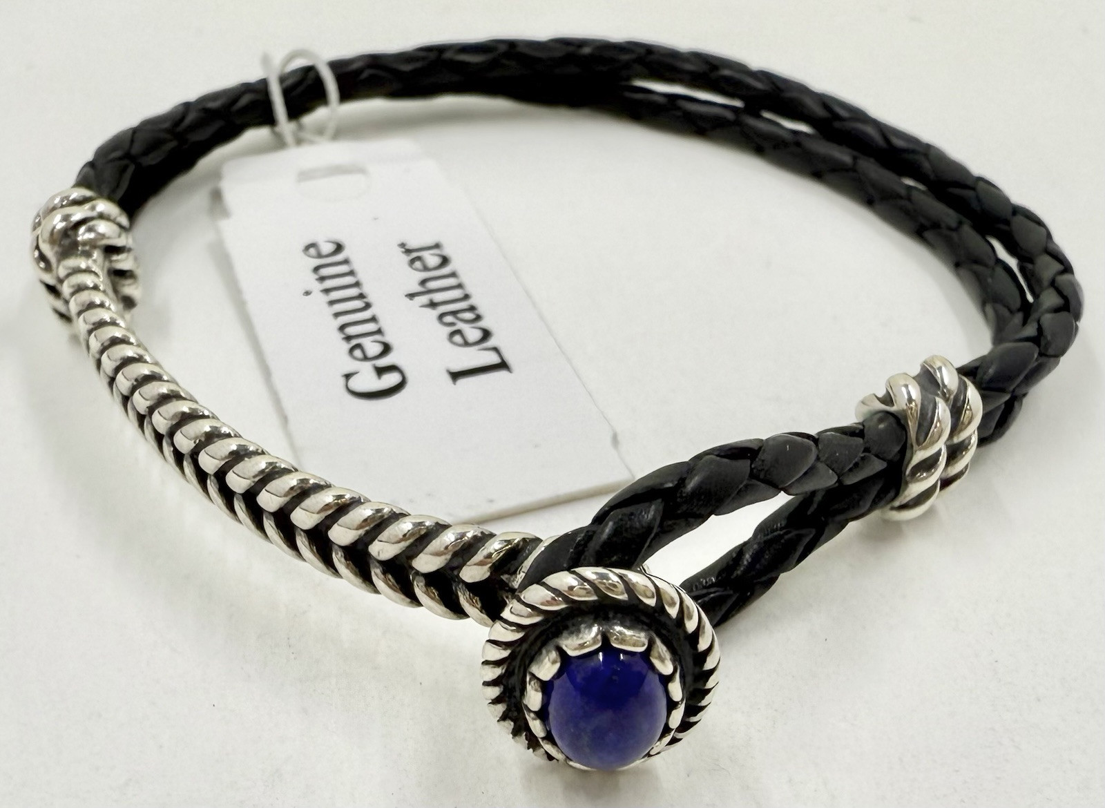 CAROLYN POLLACK AW STERLING 925 BLUE LAPIS & BLACK LEATHER BRACELET (T610)