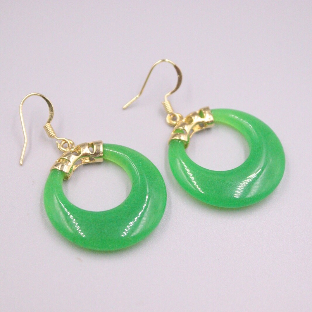 18K GP Alloy Heating Jade Earrings Drop Women’ Green Circle Earrings Dangle