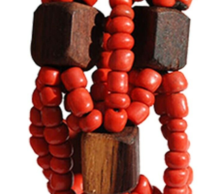 Beautiful RED 10-Strand Elastic Glass Beaded Bracelet With Dark Hard Wood Bead