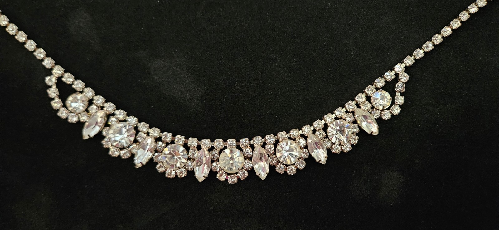 WEISS Signed Statement Necklace Silver Tone Clear Rhinestone Crystal Hook