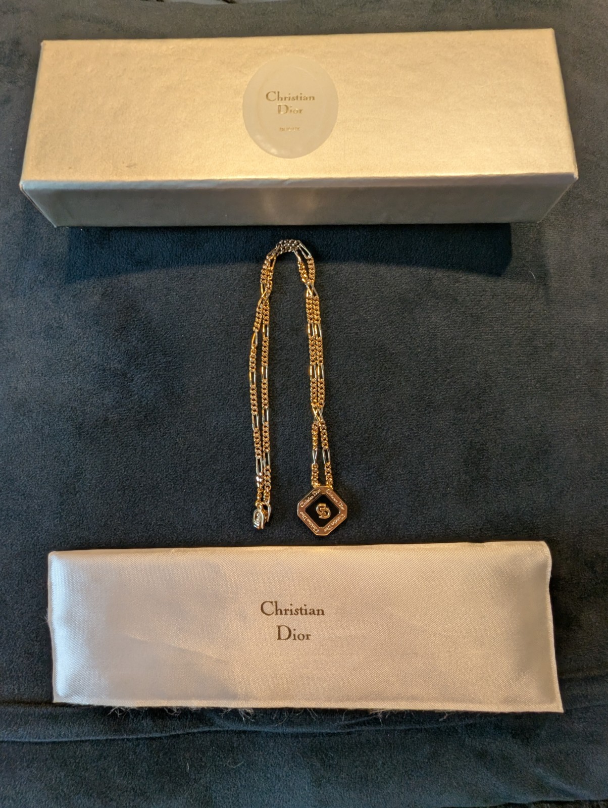 Vintage Christian Dior CD Logo Pendant Necklace Octagon Black Onyx In Box