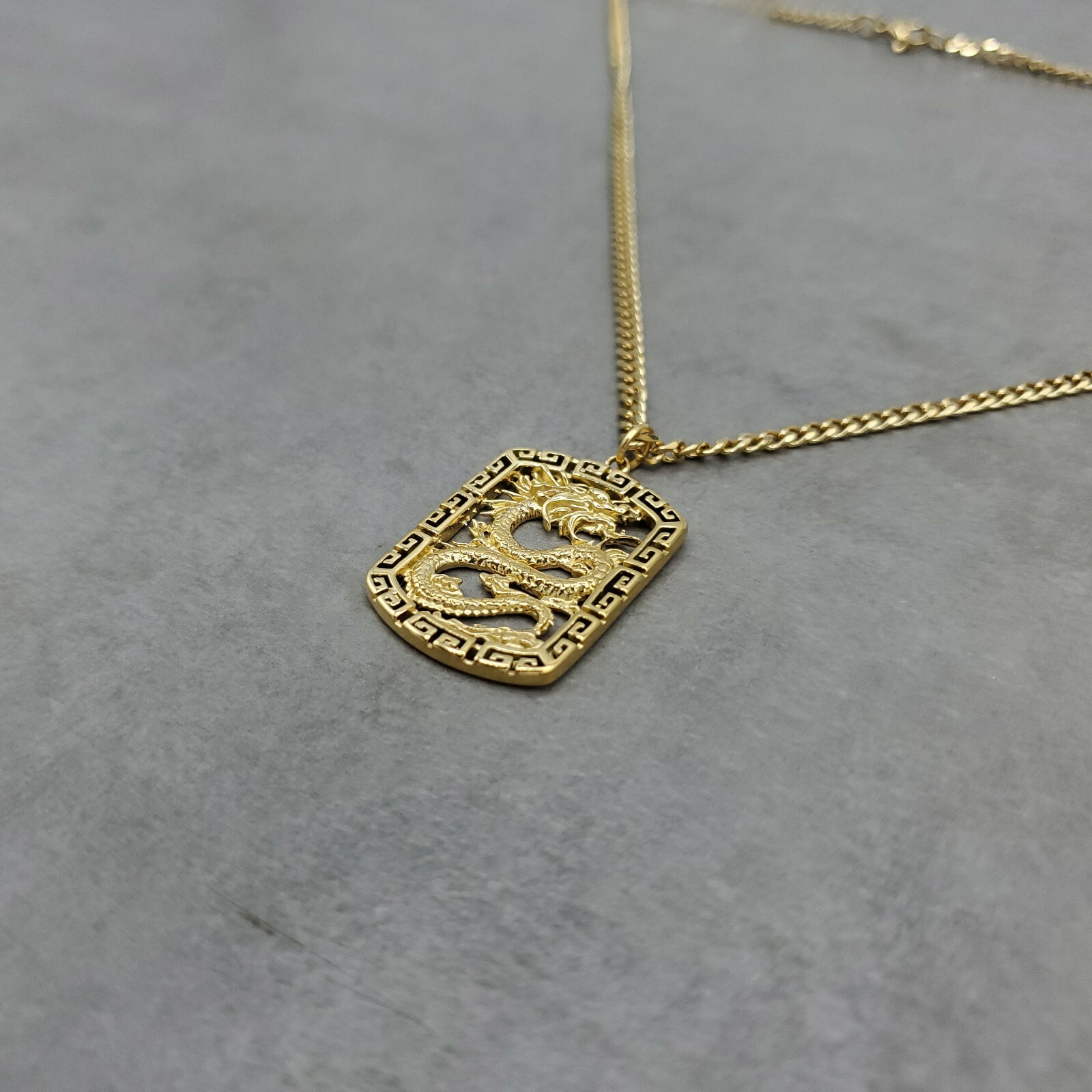 Dragon Square Pendant GOLD Plated Necklace Asian Mythology Power Strength Health