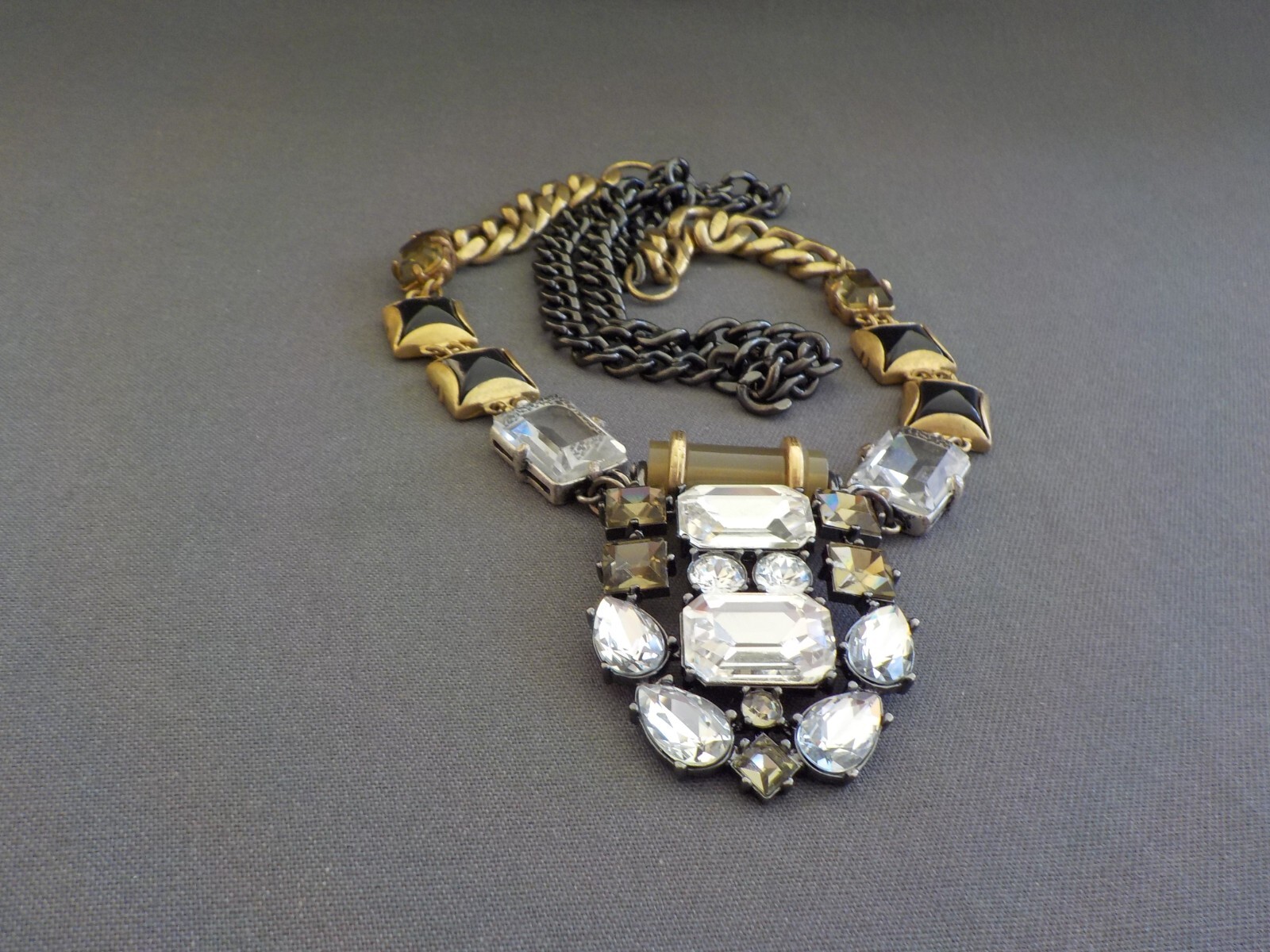 Square Teardrop Clear Black Green Glass Plastic Necklace Gold Black Tone Metal
