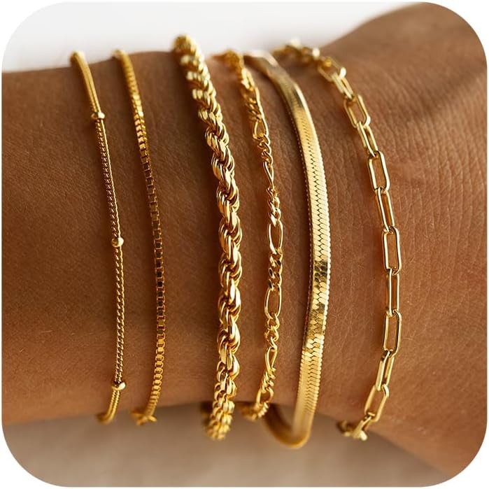 Gold Bracelets for Women Waterproof, 14K Real Gold Jewelry Sets Trendy Thin Dain
