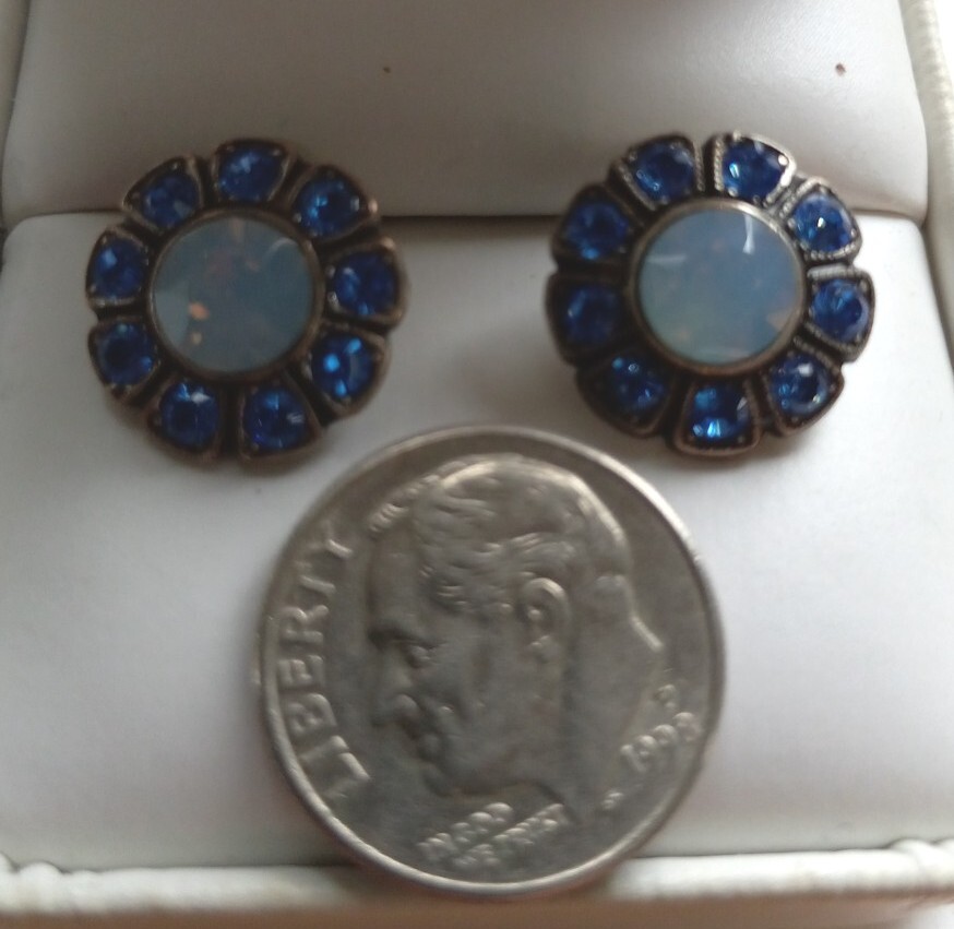 SAPPHIRE BLUE IN COLOR PIERCED EARRINGS with FAINT BLUE CENTER CRYSTALS
