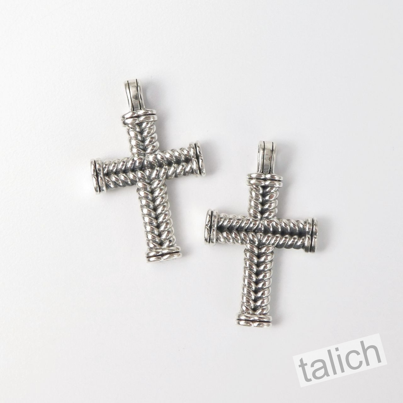 925 Sterling Silver Twist Rope Small Cross Pendant with Clear or Black CZ Pave
