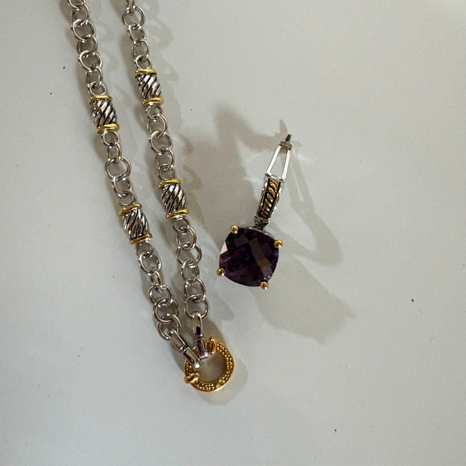 Silver and Gold Tone Necklace Removable Purple Pendant Elegant