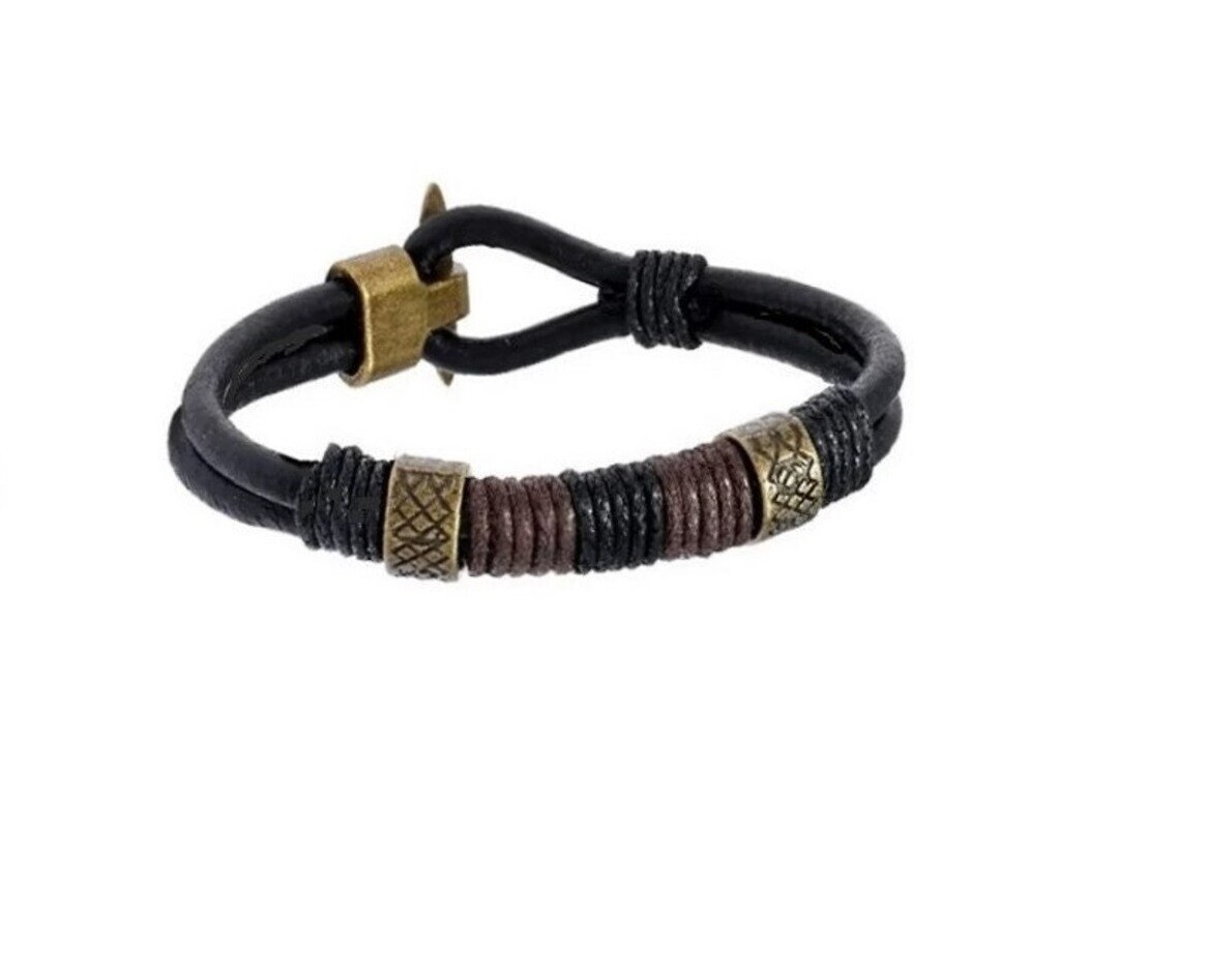 Black Double Leather T Clasp Bracelet, Black Leather Cuff, Brass Toggle Clasp