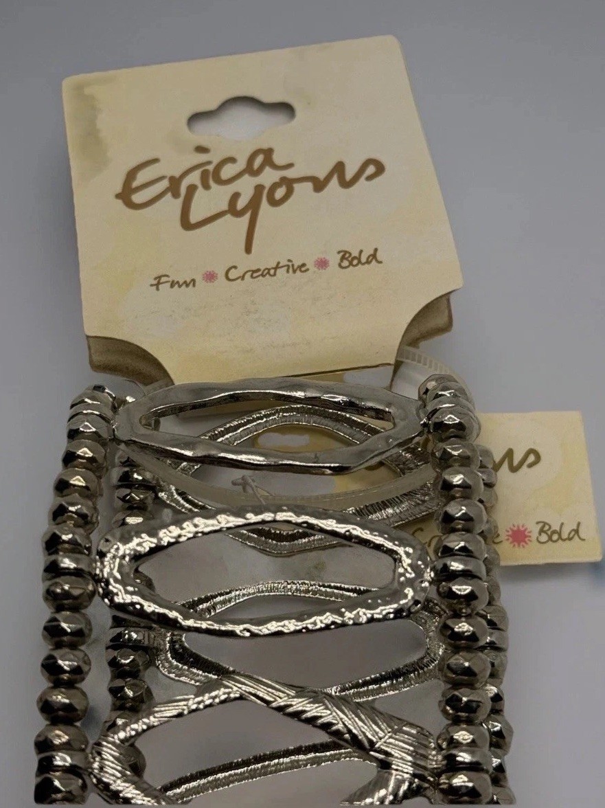 NWT Erica Lyons Silver Toned Hammered Stretch Cuff Bracelet Pull On Jewelry