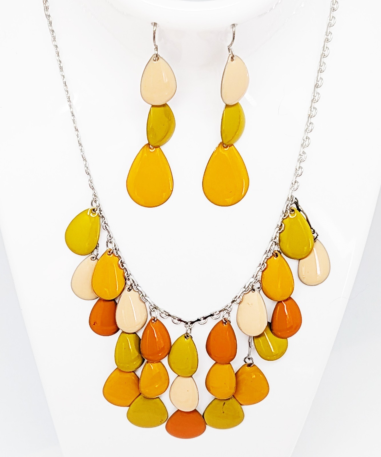DESIGNER INSPIRED 17 in ORANGE MULTI ENAMELNPEAR DROP DANGLE ENAMEL JEWELRY SET