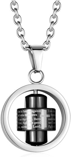 Bible Verse Cross 360* Spinner Charm Pendant Titanium Steel Necklace with Chain