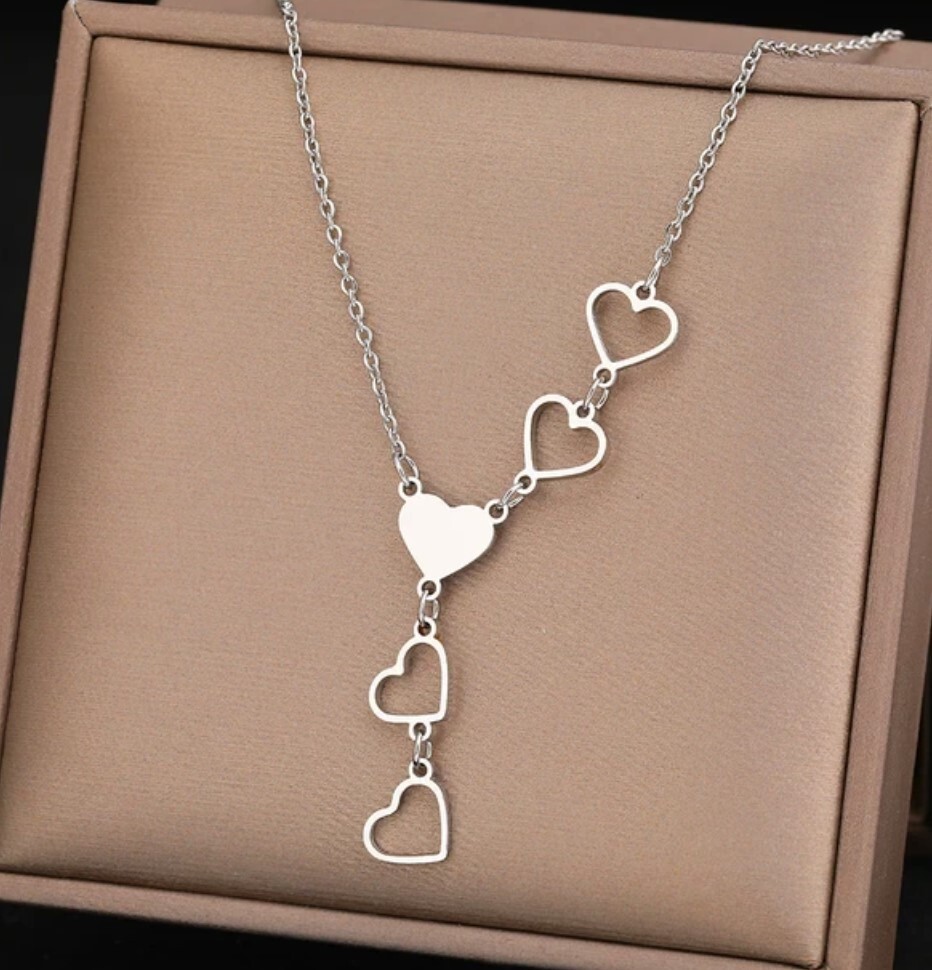 Silver Stainless Steel Necklace with 5 Hearts plus 16inch chain plus 2 in extend
