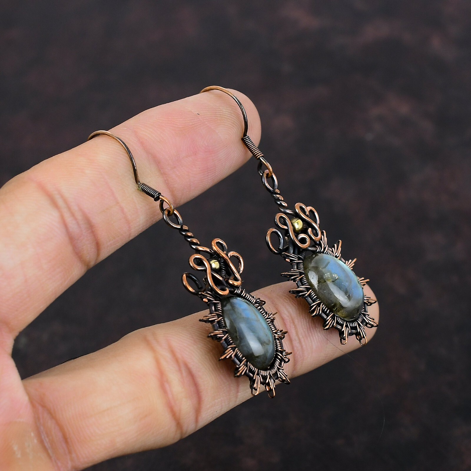 Labradorite Wire Wrapped Drop/Dangle Earrings Handcrafted Copper Ethnic 2.36″