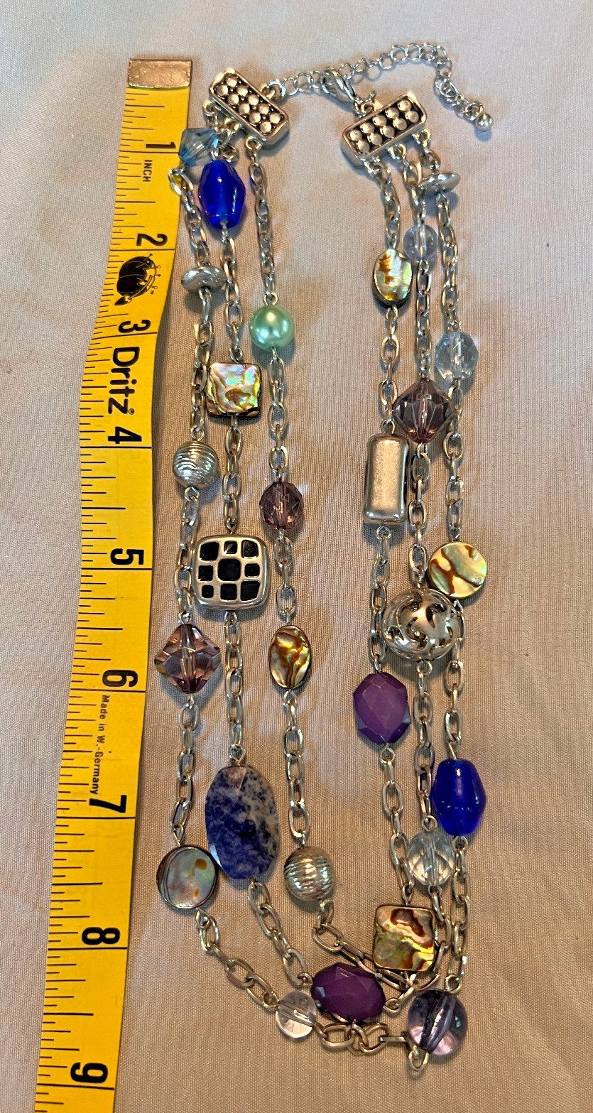 lia sophia Multicolor Layered Beaded Necklace Glass Blue Silver Tone 18in