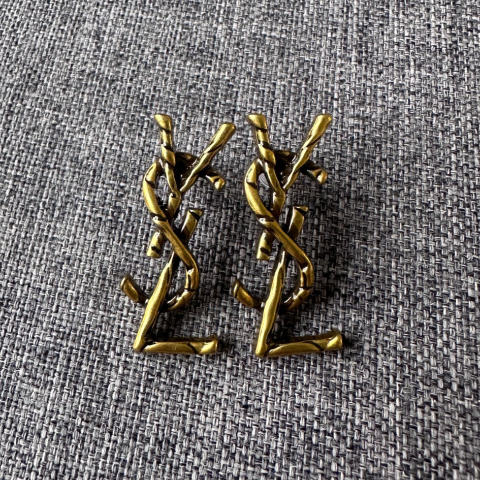 Saint Laurent YSL Monogram Logo Stud Earrings Gold Tone Statement Jewelry