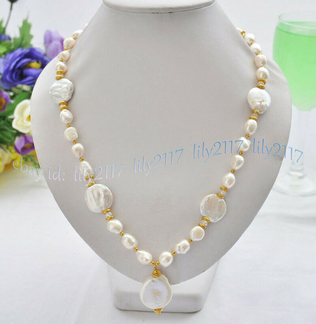9-10mm Natural White Baroque Coin Freshwater Pearl Pendant Necklaces 16-28 inch