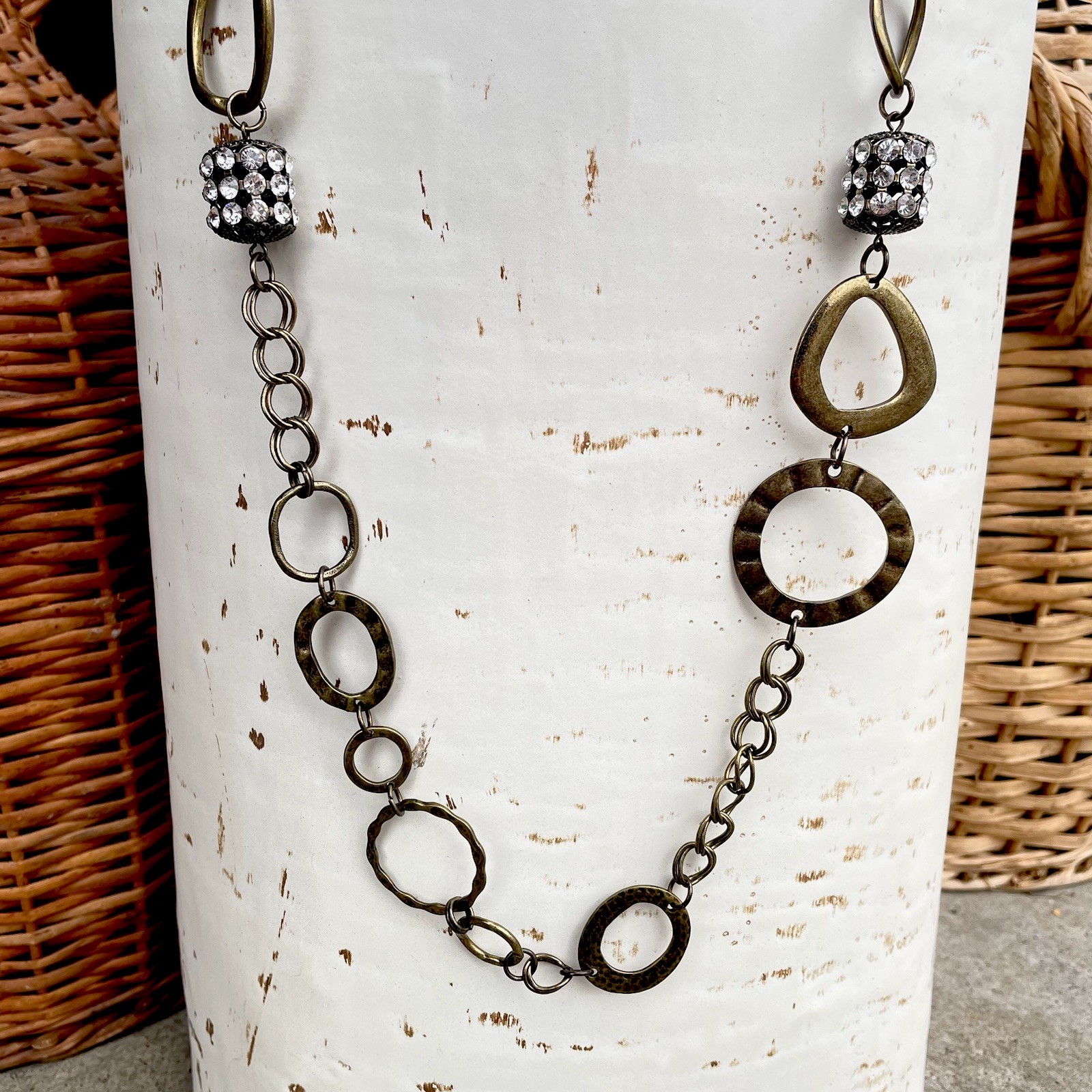 Lia Sophia IMPROV Mixed Metal Long Circle Link Chain Necklace Rhinestone 43″