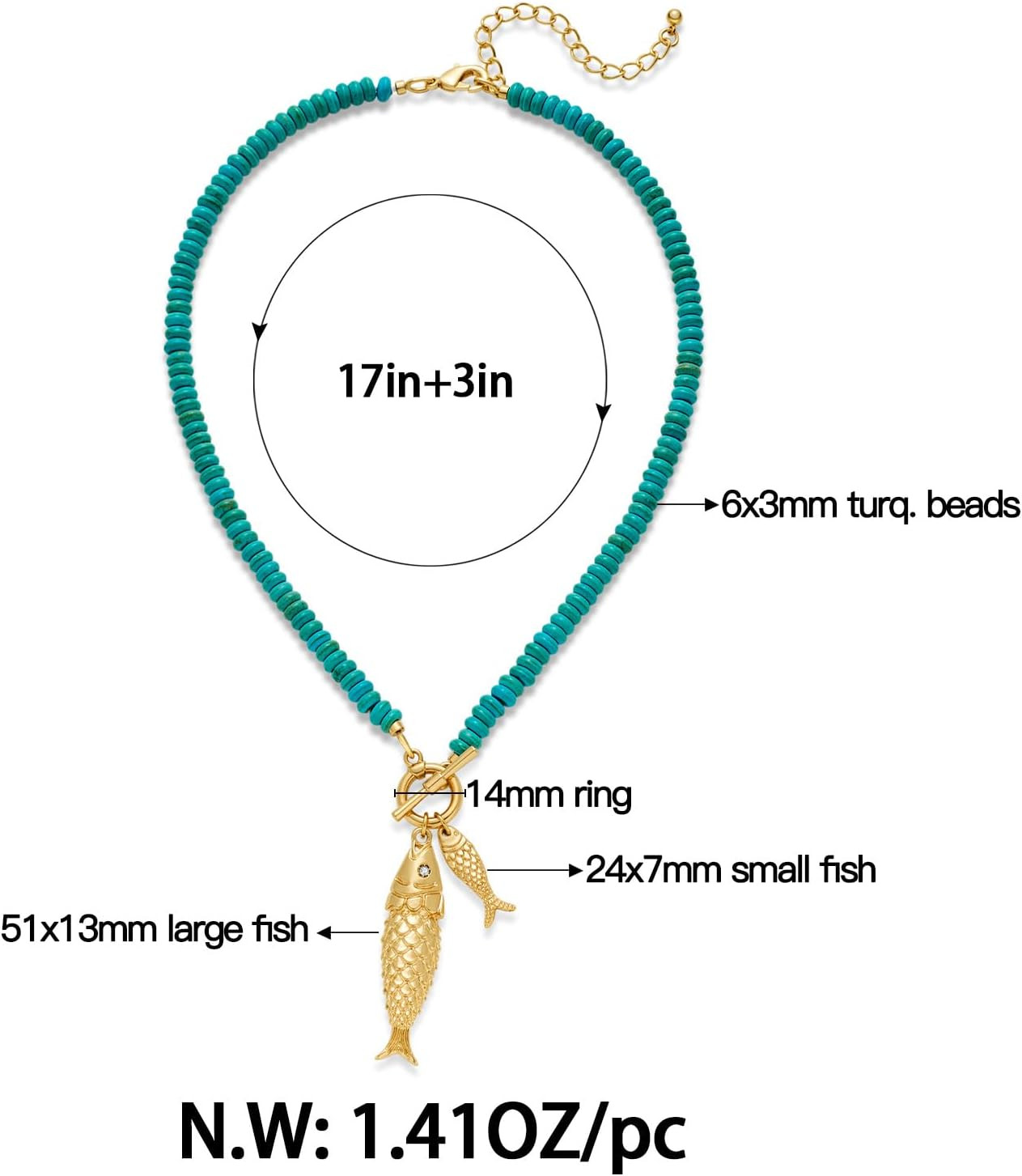 Chunky Gold Fish Pendant Necklace for Women Long Silk Scarf Turquoise Strand Nec