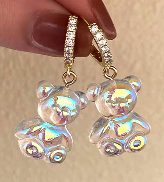 Adorable TEDDY BEAR Rhinestone Gold Clear Dangle Betsey Johnson Earrings