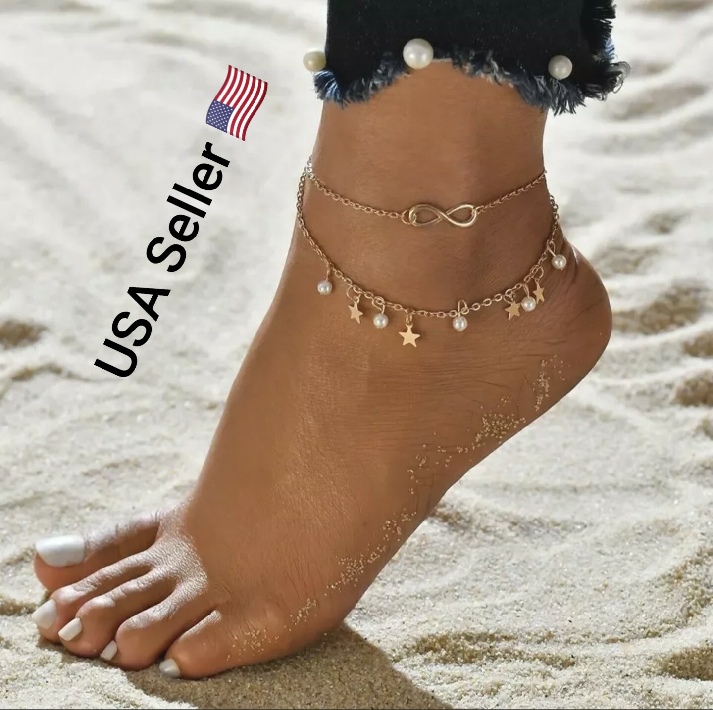 Simple Tassel Double Star Pearl 8 Word Female Anklet Barefoot Crochet Sandals