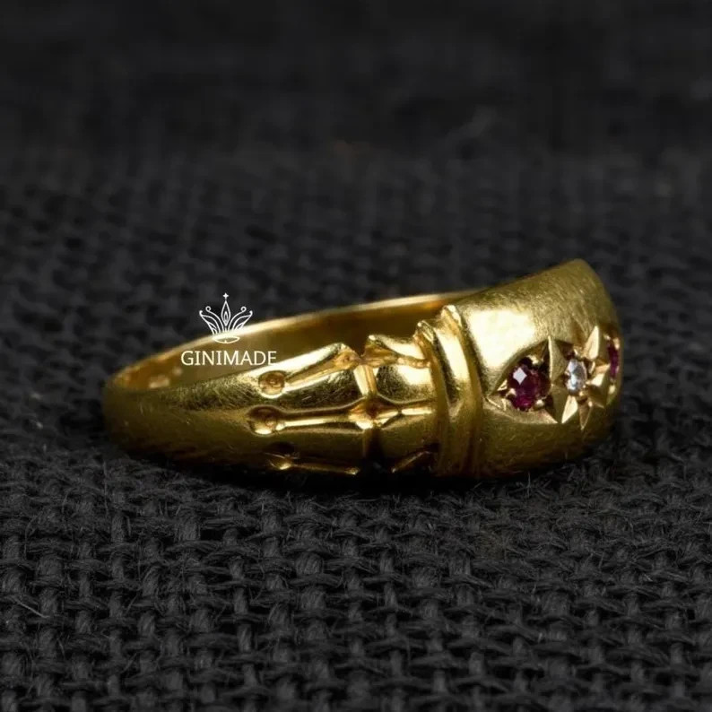 Victorian Starburst Pinky Ring CZ Diamond Ruby Gold Tone
