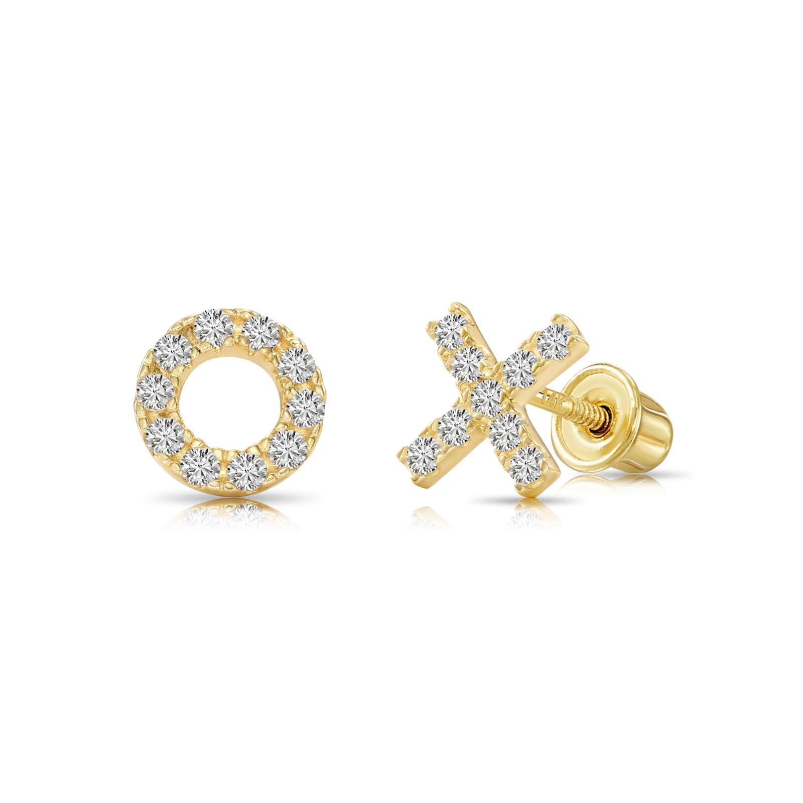 14K Real Solid Yellow Gold Dainty Pave XO CZ Sleeper Stud Earrings Screw-back