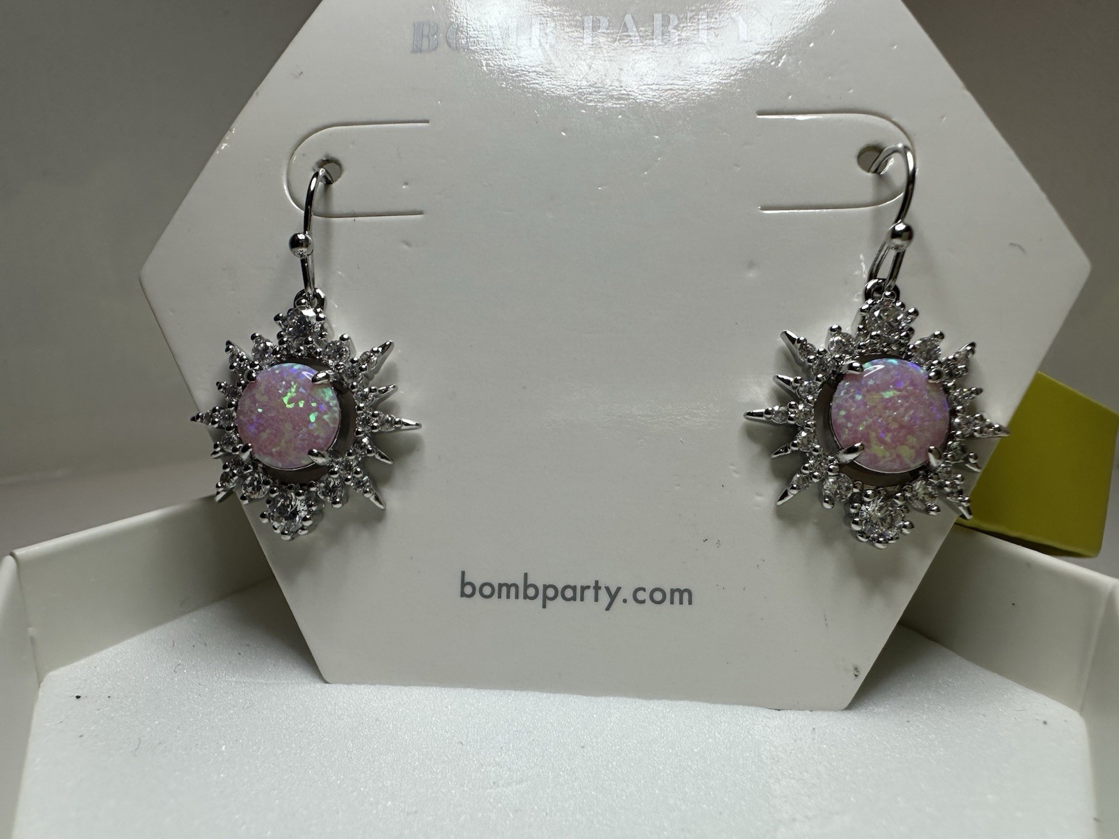 Bomb Party Sunburst Wonder RBP4149 Rhodium Plated Pink Fire Opal Dangle