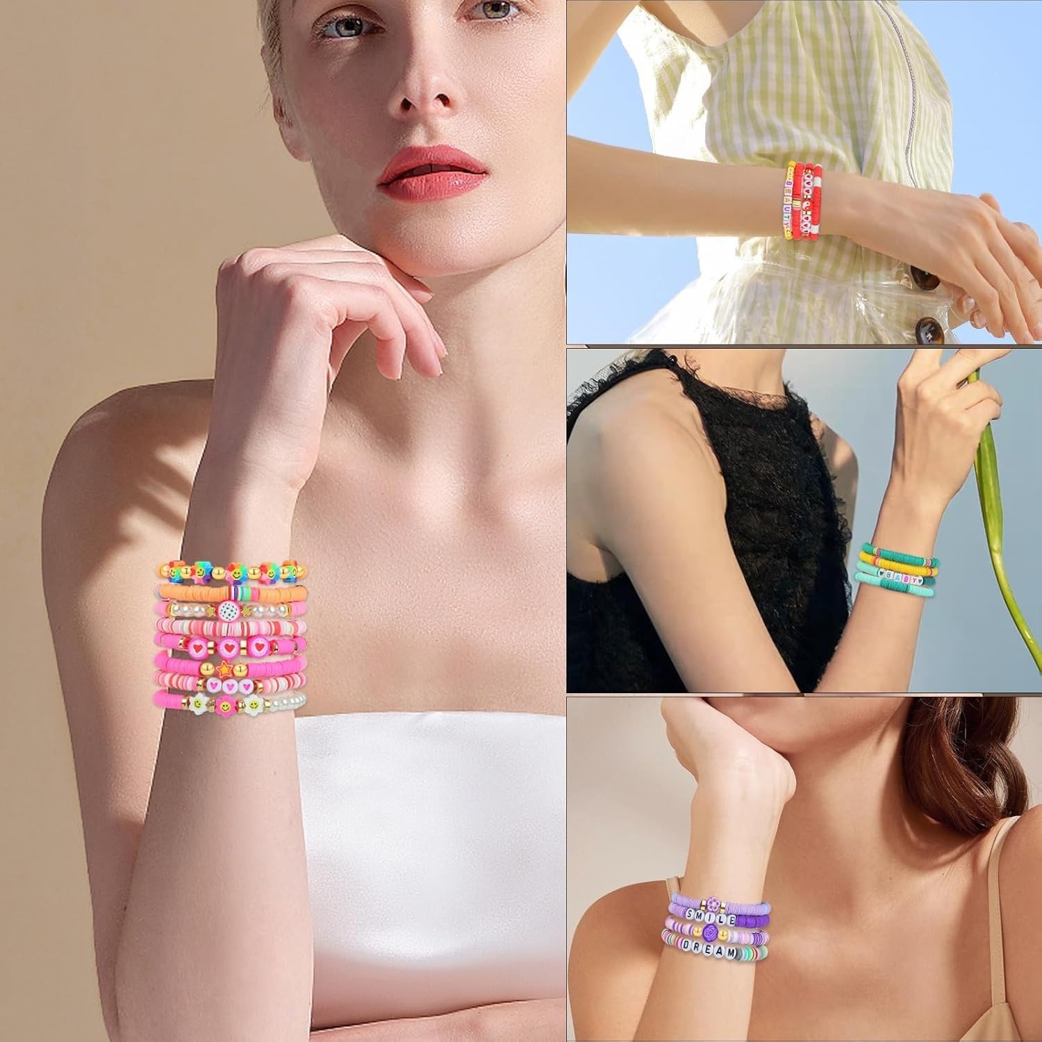32 Pcs Preppy Jewelry Bracelets for Women Clay Bead Colorful Surfer Heishi Br…