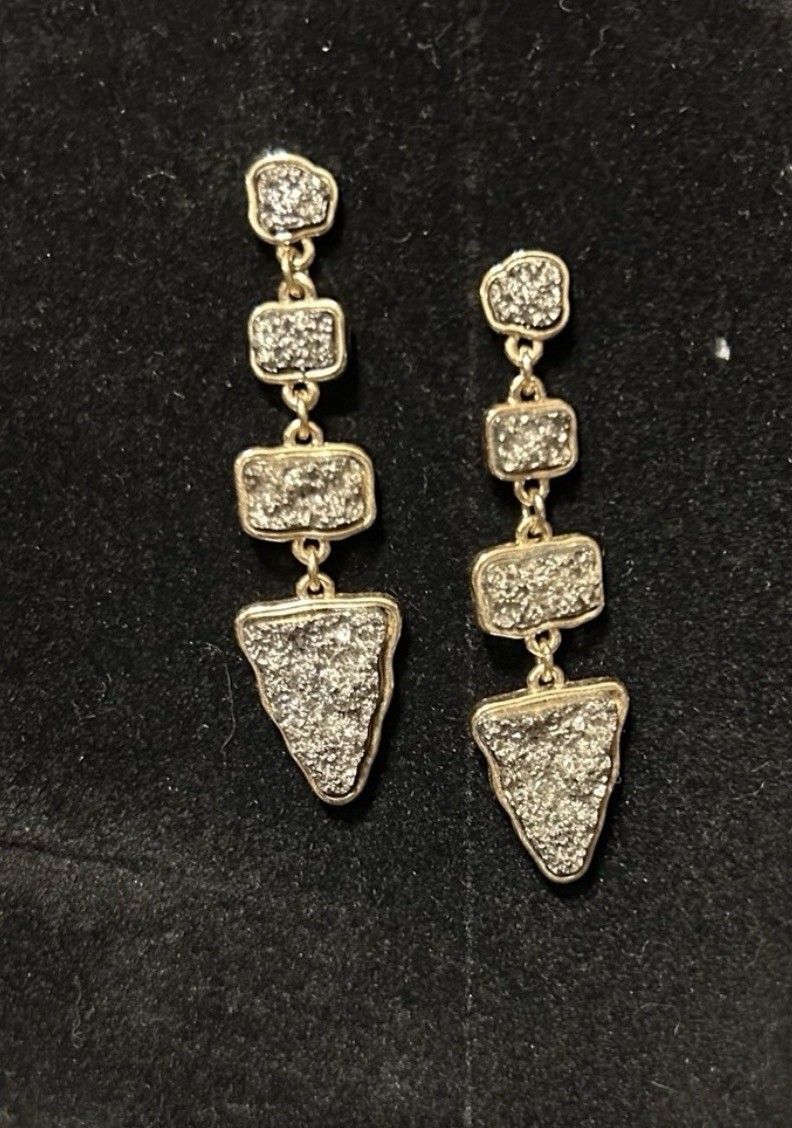 Gray Druzy Silver-Tone Three Layer Dangle Stud Earrings.