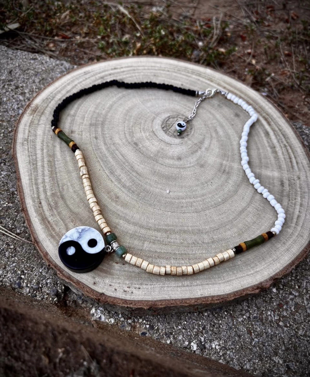 Multicolor Glass & Wood Beaded Necklace w/ Round Yin Yang Pendant, Adjustable