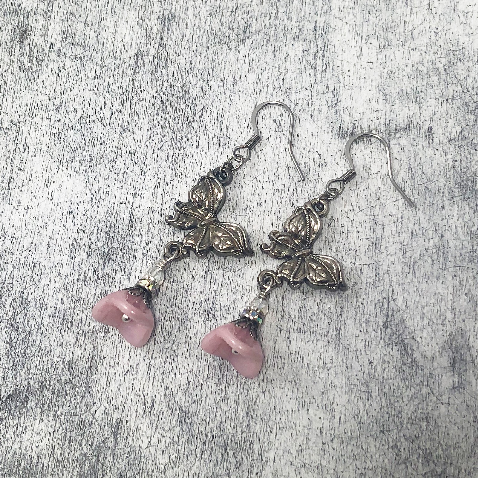 Art Nouveau Silver Pewter Buttefly Earrings with Pink Czech Bell Flower