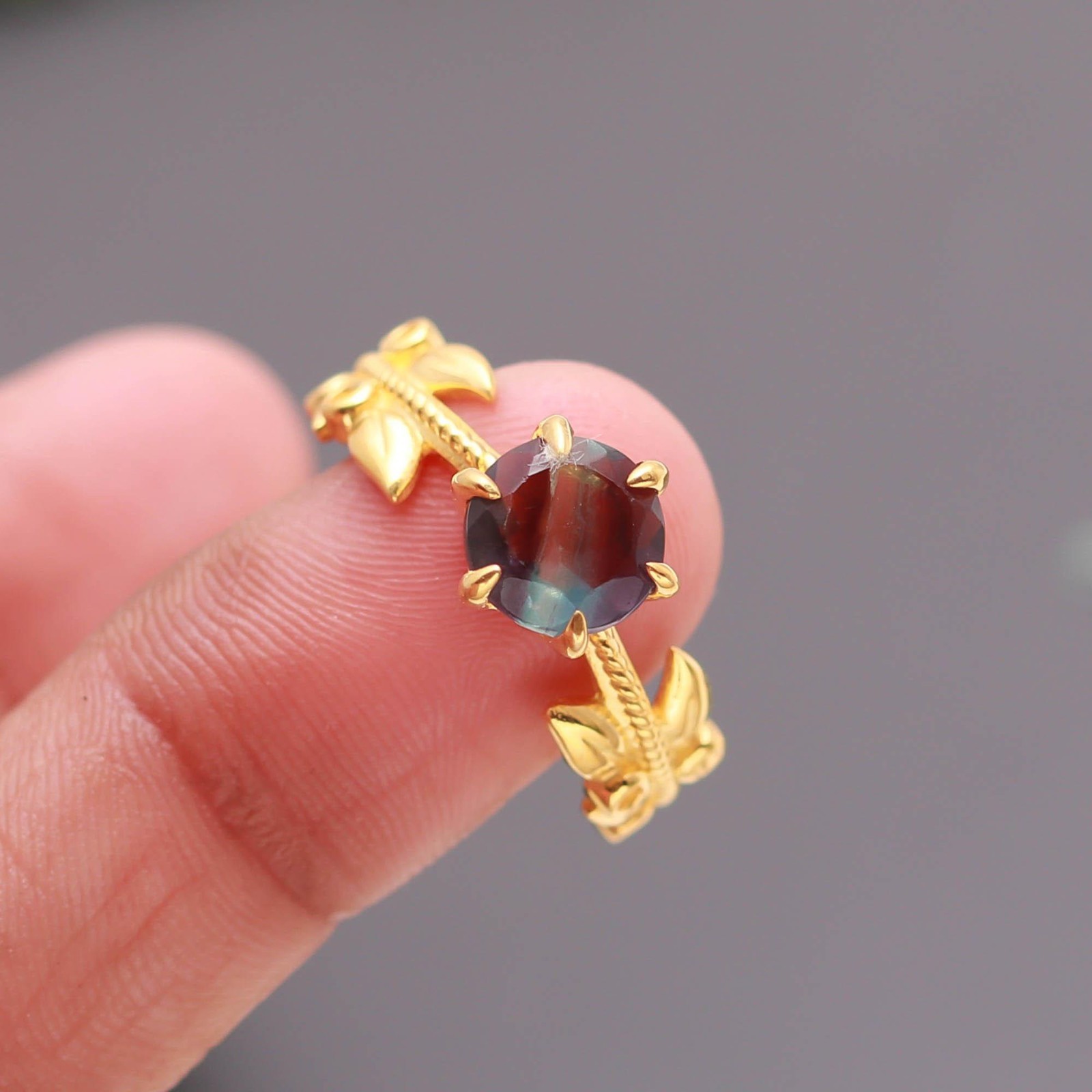Natural Rainbow Fluorite Round Leaf Ring 925 Sterling Silver Gold Plated Jewelry